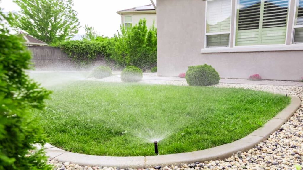 Sprinklers watering home lawn