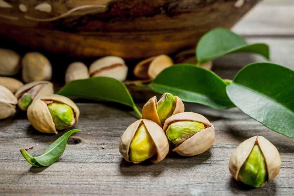 Pistachios with green leave